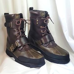 Gently Used Polo By Ralph Lauren Varick Boots In Brown/Green In Size 13. Excellent Condition! Brown Moto Boots With Rubber Heel Cap, Polo Boots Men, Mens Duck Boots, Timber Boots, Polo Boots, Polo Ralph Lauren Shoes, Working Shoes, Ralph Lauren Boots, Ranger Boot