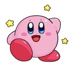 a pink cartoon character with blue eyes and stars around it's neck, sitting in front of a white background