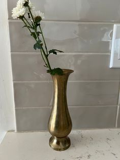 a gold vase filled with white flowers on top of a counter next to a light switch