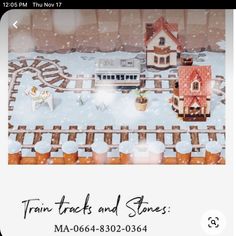 the train tracks and houses are depicted in this animated scene with snow falling on them