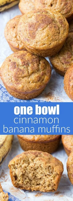 one bowl cinnamon banana muffins are stacked on top of each other