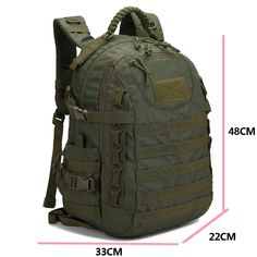 the size of a backpack with measurements for each compartment and shoulder straps on it's side