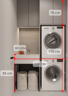 an image of a washer and dryer in the same room, with measurements