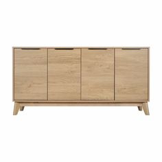 the sideboard is made from wood and has three doors, two drawers and one drawer