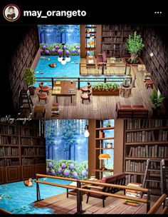 the inside of a library with bookshelves, desks and other items in it