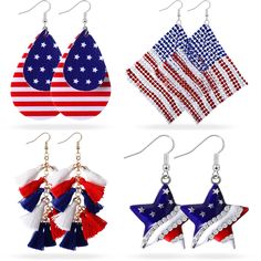 PRICES MAY VARY. What you will receive: the package comes with 4 pairs of American flag drop dangle earrings, enough quantity can well satisfy your daily or festival use and replacement needs; They are available in 4 different designs and rich choices can bring you different chic charms and visual effects Independence Day theme: the patriotic dangle earrings are inspired by the American flag and adopt the classic colors of white, blue and red, which is bright and eye-catching, fully shows the pa 4th Of July Earrings, Independence Day Theme, Patriotic Earrings, Earrings Handmade Dangle, Earrings Teardrop, Chic Gifts, Holiday Jewelry, Drop Dangle Earrings, Red And White Stripes