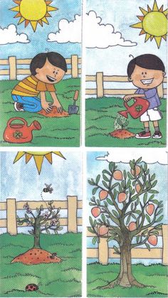 four pictures of children playing in the grass with apples and watering equipment, one is holding an apple tree