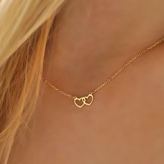 Luxury Minimalist Yellow Gold Heart Necklace, Handmade Minimalist Heart Necklace For Valentine's Day, Minimalist Double Heart Charm Necklace For Wedding, Simple Heart Charm Necklace For Anniversary, Minimalist Double Heart Charm Necklaces With Heart Beads, Minimalist Double Heart Charm Necklaces, Dainty Heart Detail Charm Necklace For Anniversary, Simple Double Heart Jewelry For Valentine's Day, Anniversary Double Heart Charm Necklace With Delicate Chain