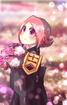 an anime character holding a bouquet of flowers in front of a blurry background with boke