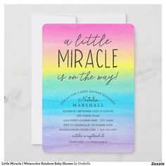 a little miracle is on the way baby shower card with watercolor rainbow and black lettering