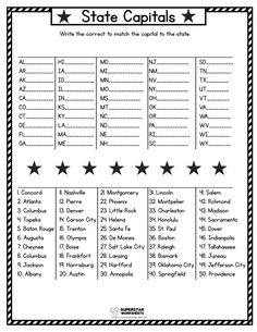 state capital worksheet with five stars