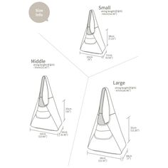 three different types of handbags with measurements and details on the side, front and back