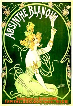 an advertisement for absinte blancouve with a woman sitting on the ground