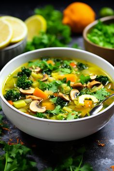 a white bowl filled with broccoli, mushrooms and carrots next to lemon wedges