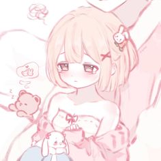 a drawing of a girl with pink hair holding a teddy bear in her lap and looking at the camera