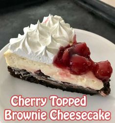 a slice of cherry topped brownie cheesecake on a plate