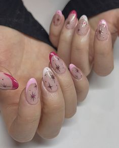 Pink French Tips With Chrome, Chrome Stars Nails, Pink Stars Nails, Temu Nails, French Tips With Chrome, Pink Star Nails, Jamaica Nails, Grey Nails, January Nails