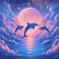 two dolphins jumping out of the water in front of a full moon and some clouds