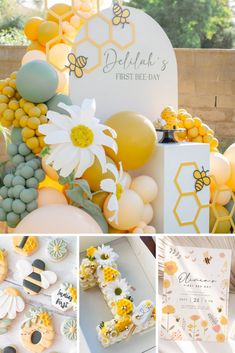 a collage of photos with flowers, cookies and honeycombs on it for a bee themed first birthday party