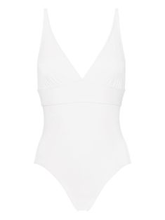 white stretch-design triangle shape square open back thin straps V-neck Be mindful to try on swimwear over your own garments. Design Triangle, Swimsuit White, Be Mindful, Yoko London, City Dress, White Swimsuit, Demi Fine Jewelry, Summer Beach Wear, Triangle Shape