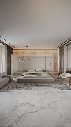 a large living room with marble floors and walls