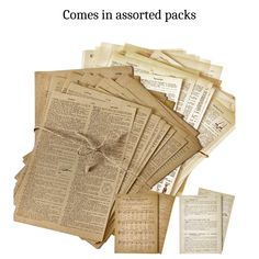 many old newspapers are stacked on top of each other with the words, comes in assorted packs