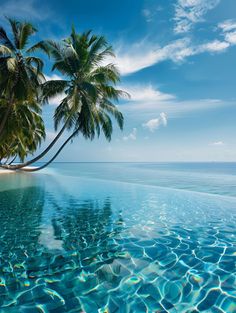 an empty swimming pool with palm trees and clear water in the foreground, under a blue sky