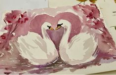 two watercolor paintings of swans on paper with birds perched on top of one another