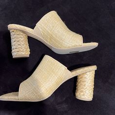 Super Cute Natural Raffia Heels. Funky, Round 3.5 Inch Heel Wrapped In Woven Raffia. Very Comfortable Slide, Great For That Vacation Getaway And Spring Is Around The Corner! New, Never Worn. Chic Natural Straw Heels, Chic Natural Heels For Vacation, Chic Natural Heels For The Beach, Chic Natural Heels For Beach, Chic Natural Color Heels For Vacation, Chic Natural Color Synthetic Heels, Chic Straw Open Toe Heels, Elegant Natural Heels For Vacation, Beige Straw Heels For Beach