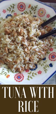 tuna with rice on a plate with chopsticks and text overlay that reads tuna with rice