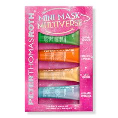 Mini Mask Multiverse 4-Piece Mask Kit - HELLO MASK OBSESSION 4 PC MASK KIT HOL24BenefitsCucumber Extract - Helps soothe, hydrate and de-tox the look of skin.Pumpkin Enzyme - Enzymatically exfoliates to help smooth skin's surface.24K Gold - Helps firm and brighten the look of skin.Hyaluronic Acid - A potent hydrator that drenches skin with moisture and draws in water.Research Results*In a 28-day study applying a 1% Pentavitin formulation, skin remained hydrated for 72 hours.IncludesCucumber Gel M Cloud Mask, Pumpkin Enzyme Mask, Luxury Mask, Peter Thomas Roth, 72 Hours, Ulta Beauty, Face Skin, Smooth Skin, Hyaluronic Acid