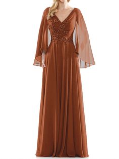 Terracotta Long Sleeves Dress, Beaded Chiffon, Rust Dress, Sleeves Dress, Beaded Applique, Mother Of The Bride Dress, Chiffon Long Sleeve, Groom Dress, Draped Fabric