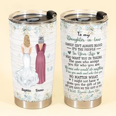 two personalized travel mugs with the words daughter in law and daughter in law written on them