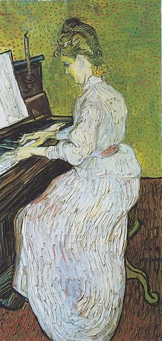 a painting of a woman sitting at a piano