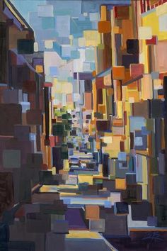 an abstract painting of a city street