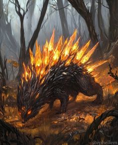 an animal that is standing in the grass with fire coming out of it's back