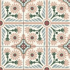 an artistic tile design in pink, blue and green colors with flowers on the sides