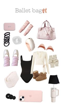 the contents of a bag are arranged on a white background, including shoes and other items