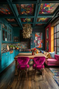 a dining room with blue walls and wooden flooring, colorfully painted ceiling tiles