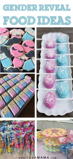 several different pictures with the words gender reveal food ideas on them, including cookies and cupcakes