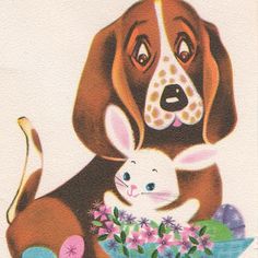 a brown dog holding a white rabbit in its lap with flowers and eggs on the ground