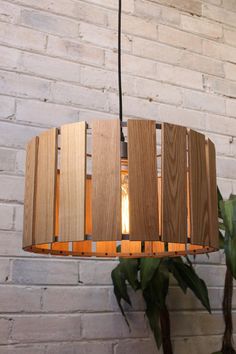 a wooden light fixture hanging from a brick wall next to a potted green plant