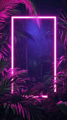 an open neon frame in the middle of palm trees with purple light coming from it