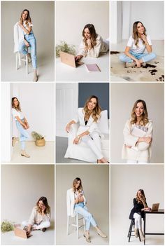 a woman sitting on a chair with her legs crossed and posing for pictures in different poses