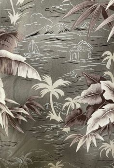 an image of a tropical scene with palm trees and birds in the sky on a gray background