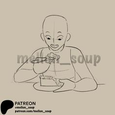 a person sitting at a table with a spoon in their hand and the words patreon on it