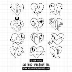 twelve heart shaped doodles with stars and moon on them, in black and white