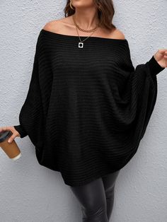 Plus Off Shoulder Batwing Sleeve Jumper Black Casual  Long Sleeve Knitwear Plain Pullovers Slight Stretch Fall/Winter Women Plus Clothing, size features are:Bust: ,Length: ,Sleeve Length: Boho Rock, Batwing Sleeve Sweater, Casual Pullover Sweater, Comfy Jumpsuits, Plus Size Pullover, Plus Size Sweaters, Knitted Poncho, Abaya Fashion, Fashion Design Clothes