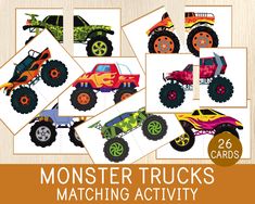 monster trucks matching activity cards for kids