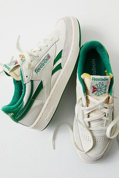 A classic court style infused with retro flair, complete with leather uppers, terry lining, and faded rubber outsoles. **Features:** Low-top style, leather uppers, perforated toe box, removable EVA foam sockliner die-cut EVA midsole, durable rubber outsole, lace-up closure, logo details, terry lining **Why We | Reebok Club C 85 Vintage Sneakers at Free People in Green, Size: US 7 Reebok Club C 85 Vintage, Club C 85 Vintage, 2024 Wardrobe, Reebok Club C 85, Cool Shoes, Club C 85, Vintage Sneakers